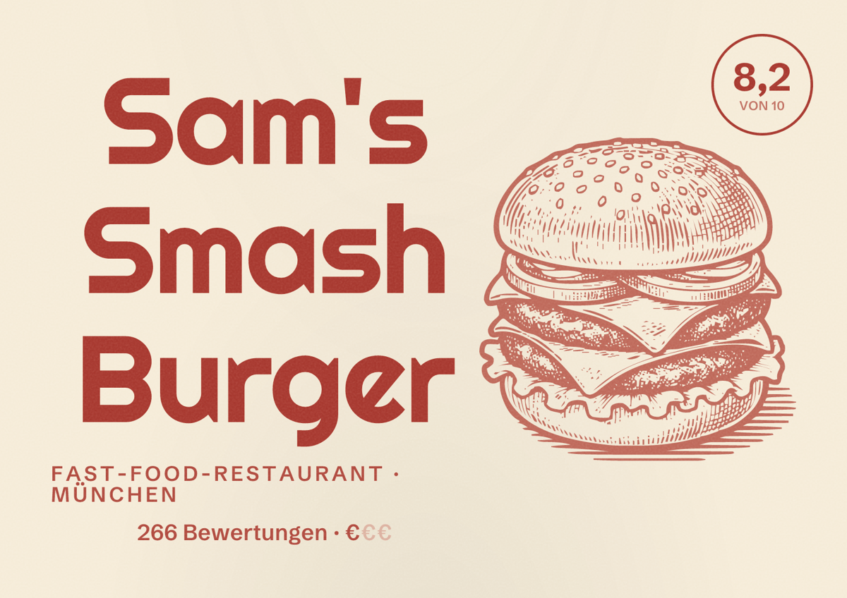 Illustriertes Poster von Sam's Smash Burger, Fast-Food-Restaurant in München: Bewertung 8,2 von 10 aus 266 Bewertungen, Preisniveau €