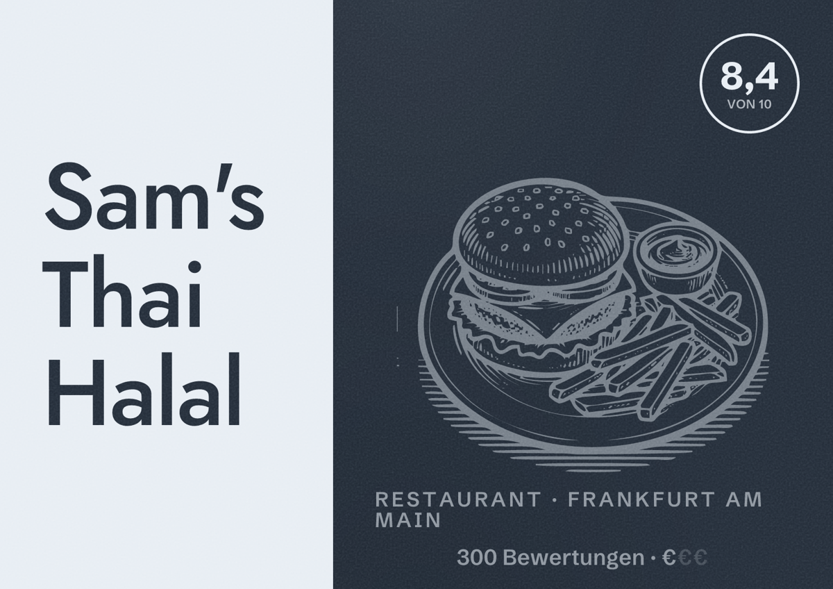Illustriertes Poster von Sam's Thai Halal, Restaurant in Frankfurt am Main: Bewertung 8,4 von 10 aus 300 Bewertungen, Preisniveau €