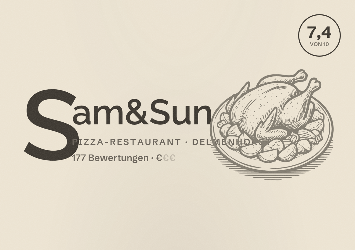 Illustriertes Poster von Sam&Sun, Pizza-Restaurant in Delmenhorst: Bewertung 7,4 von 10 aus 177 Bewertungen, Preisniveau €