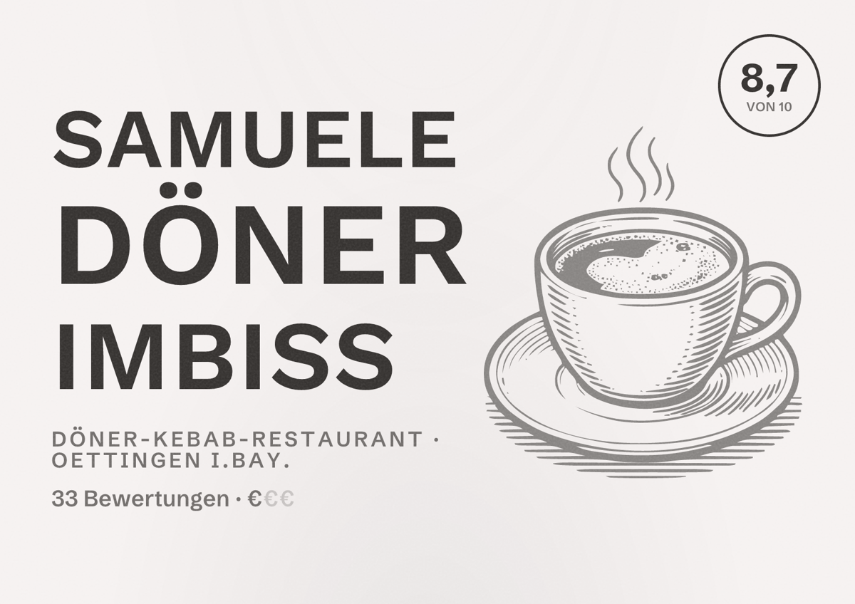 Illustriertes Poster von Samuele Döner Imbiss, Döner-Kebab-Restaurant in Oettingen i.Bay.: Bewertung 8,7 von 10 aus 33 Bewertungen, Preisniveau €
