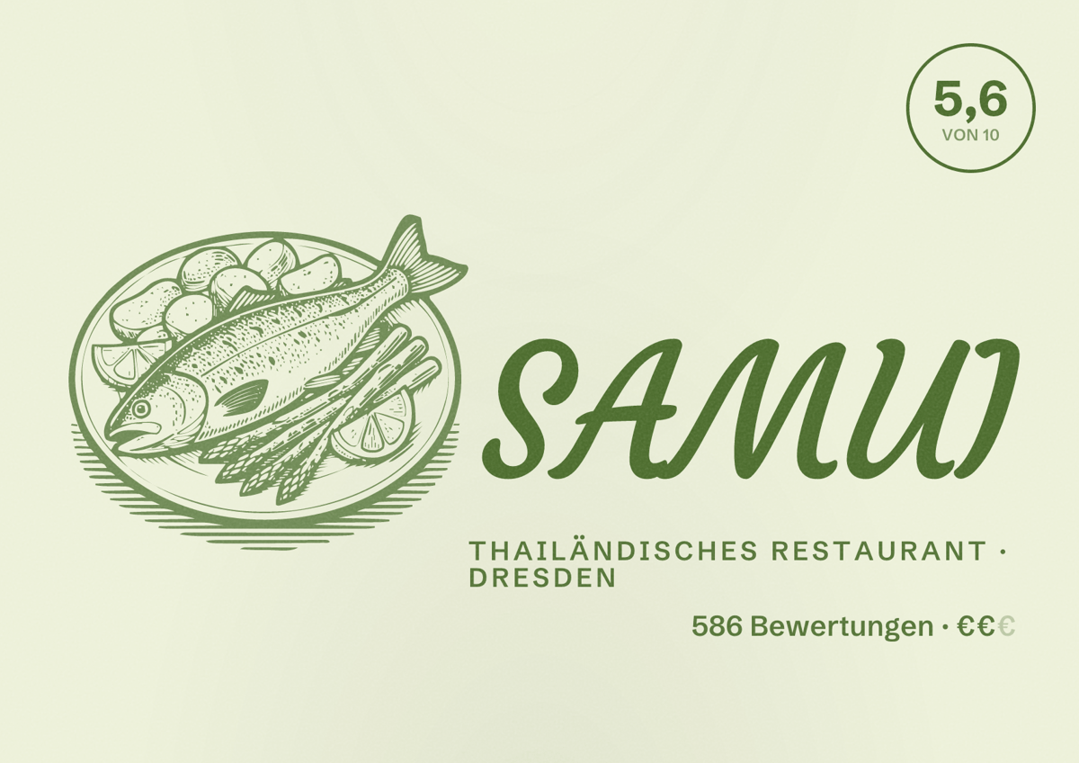 Illustriertes Poster von SAMUI, Thailändisches Restaurant in Dresden: Bewertung 5,6 von 10 aus 586 Bewertungen, Preisniveau €€