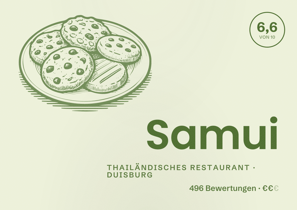 Illustriertes Poster von Samui, Thailändisches Restaurant in Duisburg: Bewertung 6,6 von 10 aus 496 Bewertungen, Preisniveau €€