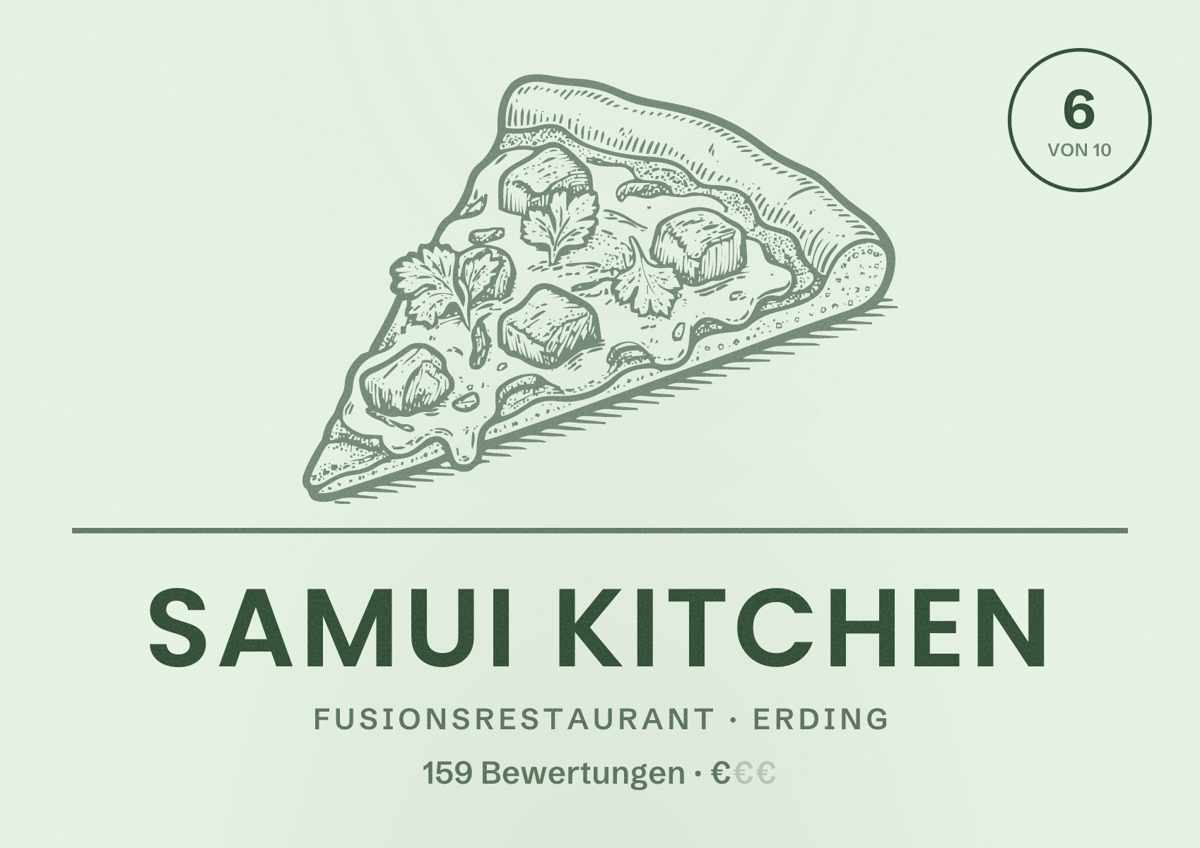 Illustriertes Poster von Samui Kitchen, Fusionsrestaurant in Erding: Bewertung 6 von 10 aus 159 Bewertungen, Preisniveau €