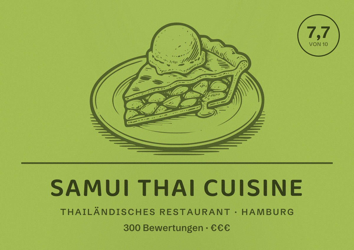 Illustriertes Poster von Samui Thai Cuisine, Thailändisches Restaurant in Hamburg: Bewertung 7,7 von 10 aus 300 Bewertungen, Preisniveau €€€