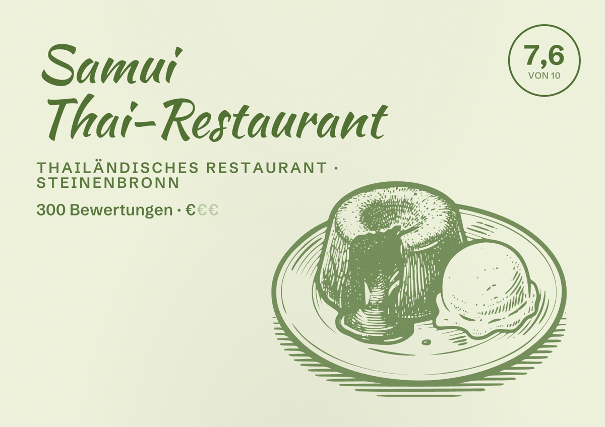Illustriertes Poster von Samui Thai-Restaurant, Thailändisches Restaurant in Steinenbronn: Bewertung 7,6 von 10 aus 300 Bewertungen, Preisniveau €