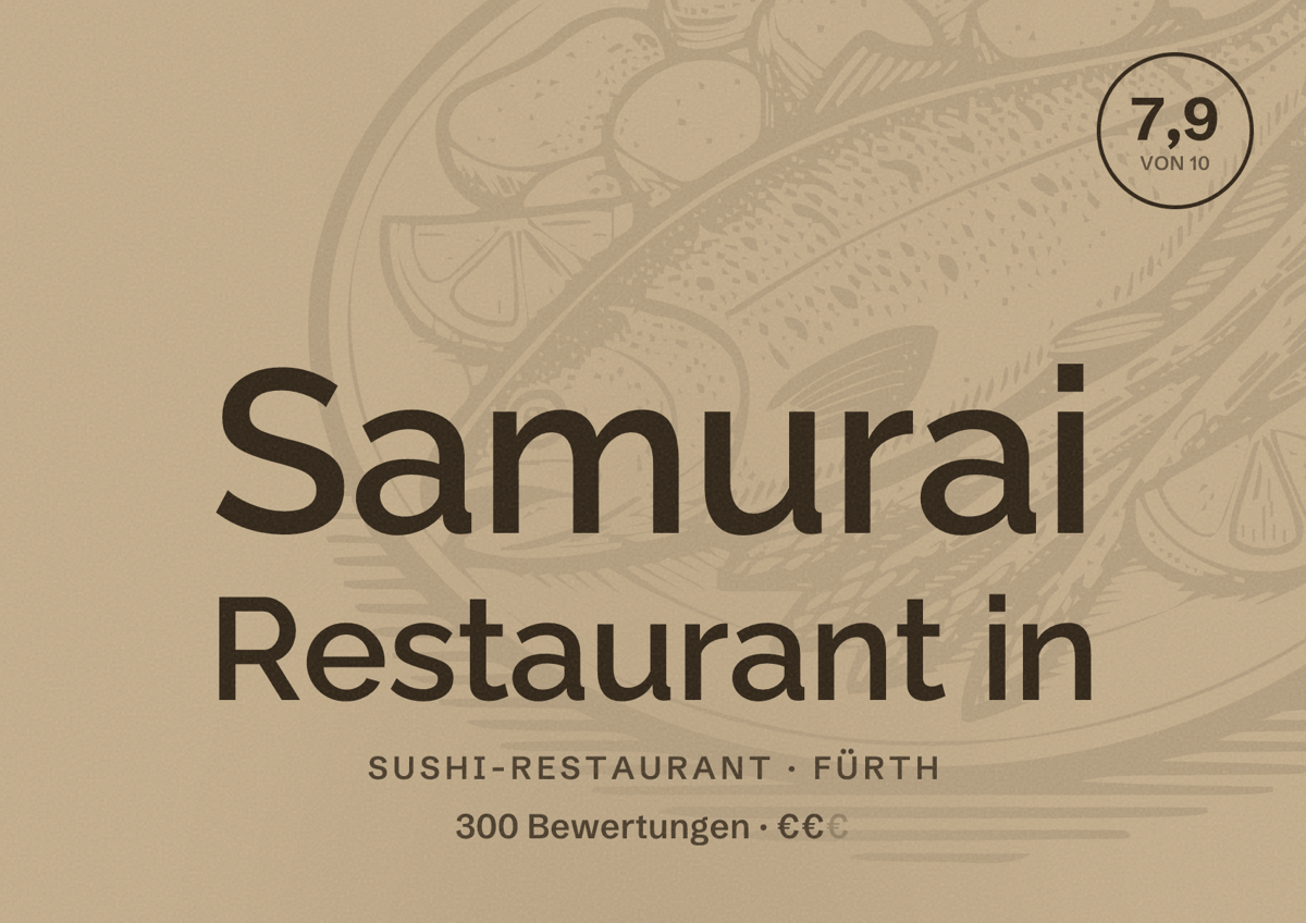 Illustriertes Poster von Samurai Restaurant in, Sushi-Restaurant in Fürth: Bewertung 7,9 von 10 aus 300 Bewertungen, Preisniveau €€