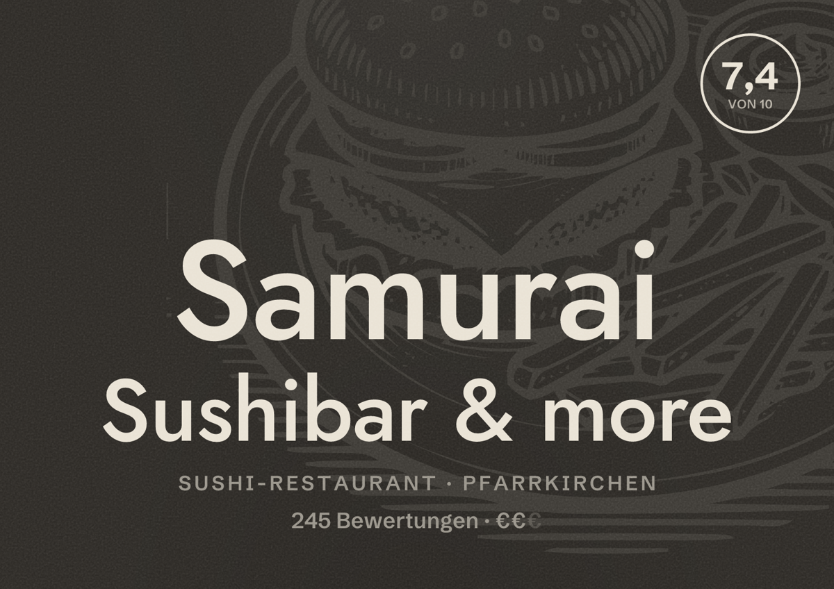 Illustriertes Poster von Samurai Sushibar & more, Sushi-Restaurant in Pfarrkirchen: Bewertung 7,4 von 10 aus 245 Bewertungen, Preisniveau €€