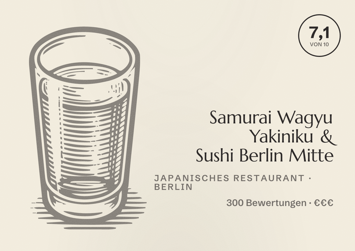 Illustriertes Poster von Samurai Wagyu Yakiniku & Sushi Berlin Mitte, Japanisches Restaurant in Berlin: Bewertung 7,1 von 10 aus 300 Bewertungen, Preisniveau €€€