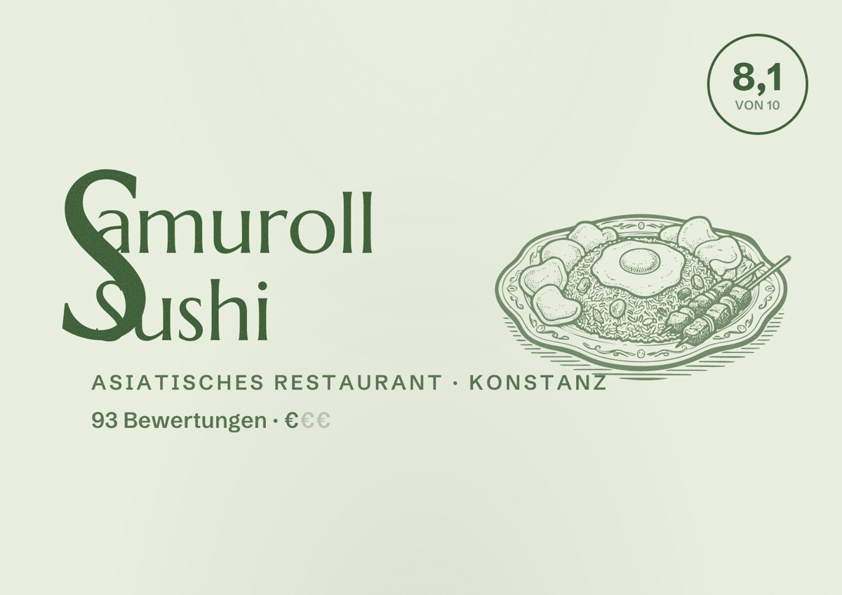 Illustriertes Poster von Samuroll Sushi, Asiatisches Restaurant in Konstanz: Bewertung 8,1 von 10 aus 93 Bewertungen, Preisniveau €