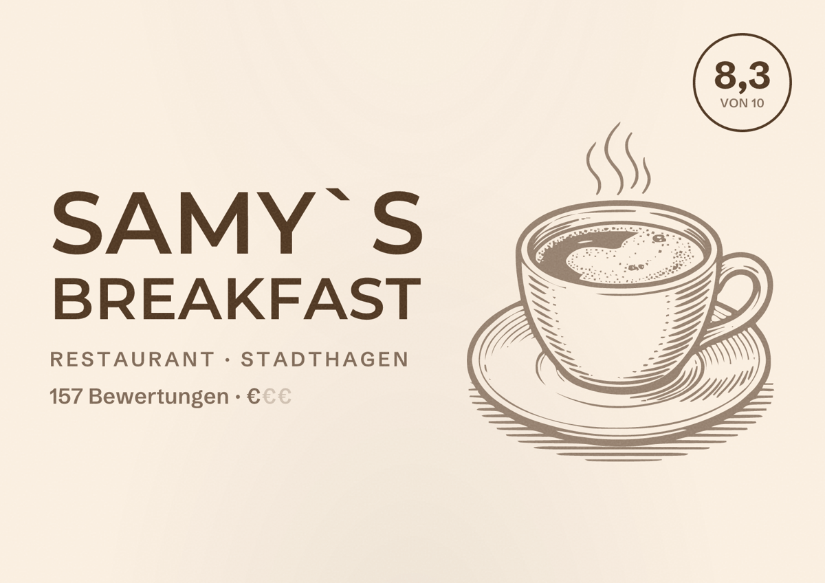 Illustriertes Poster von Samy`s Breakfast, Restaurant in Stadthagen: Bewertung 8,3 von 10 aus 157 Bewertungen, Preisniveau €
