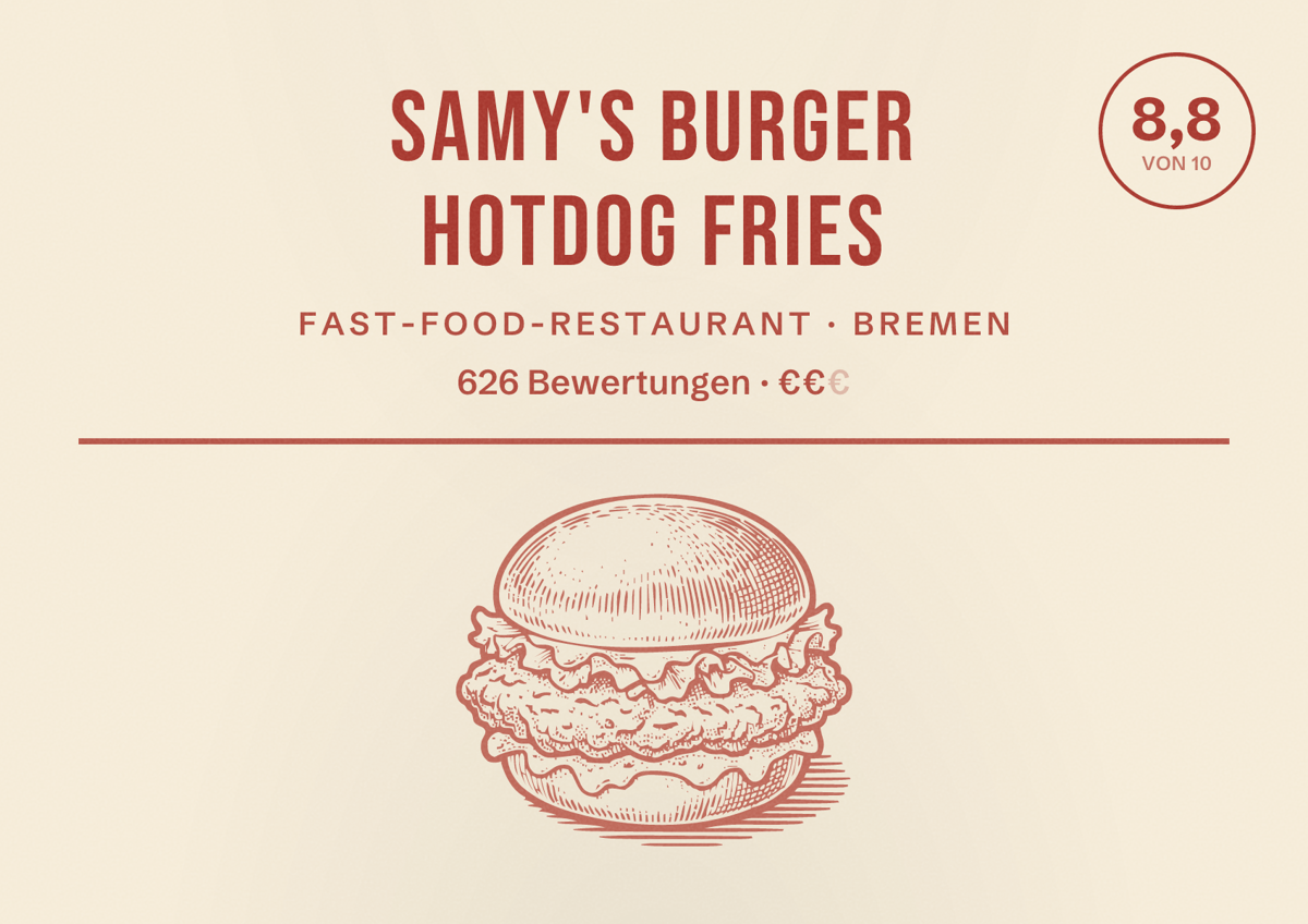 Illustriertes Poster von SAMY'S Burger Hotdog Fries, Fast-Food-Restaurant in Bremen: Bewertung 8,8 von 10 aus 626 Bewertungen, Preisniveau €€