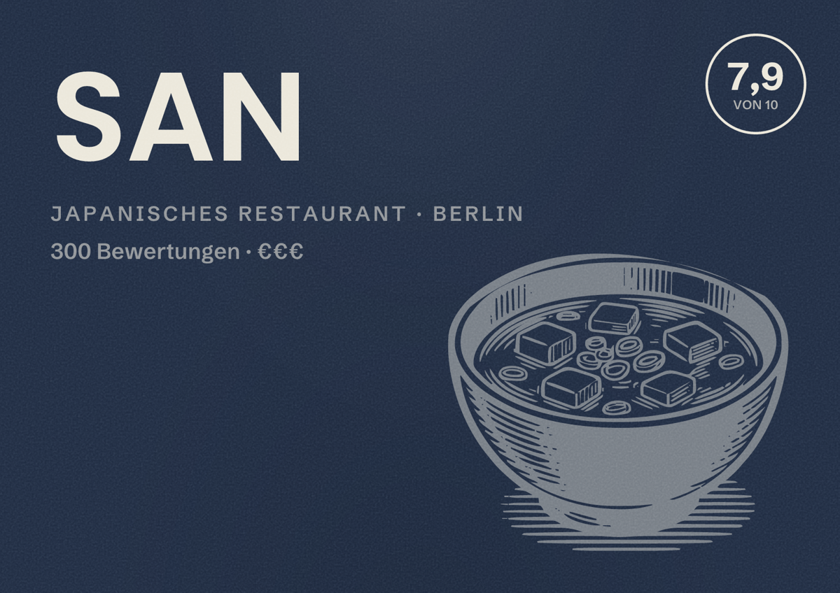Illustriertes Poster von SAN, Japanisches Restaurant in Berlin: Bewertung 7,9 von 10 aus 300 Bewertungen, Preisniveau €€€