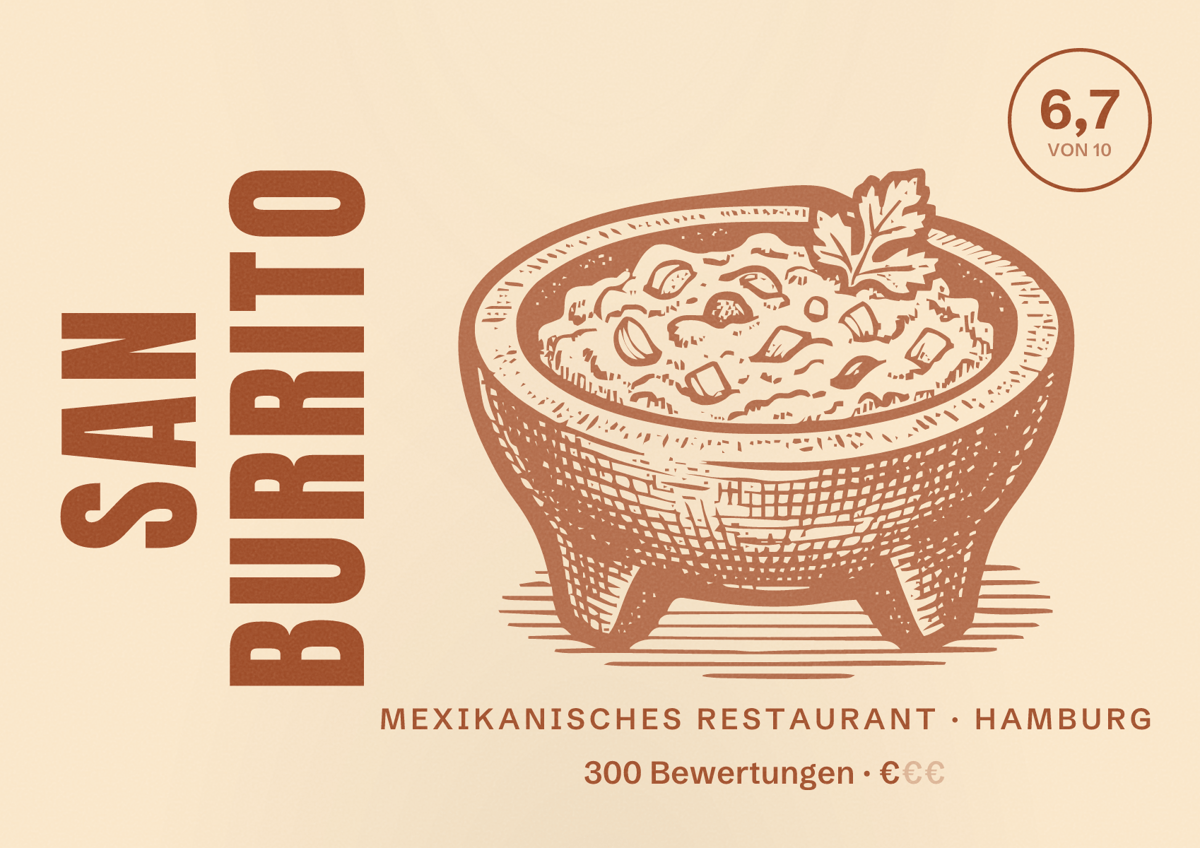Illustriertes Poster von San Burrito, Mexikanisches Restaurant in Hamburg: Bewertung 6,7 von 10 aus 300 Bewertungen, Preisniveau €