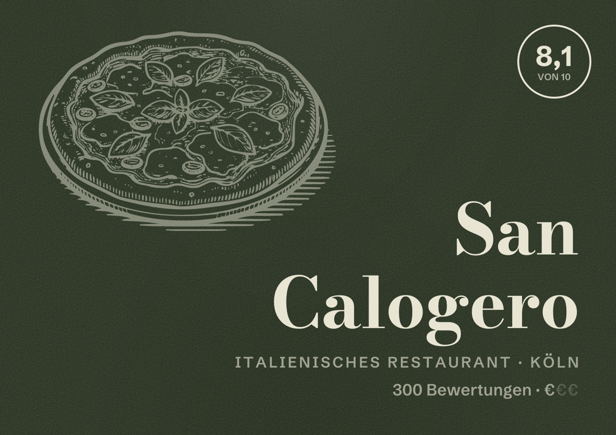 Illustriertes Poster von San Calogero, Italienisches Restaurant in Köln: Bewertung 8,1 von 10 aus 300 Bewertungen, Preisniveau €