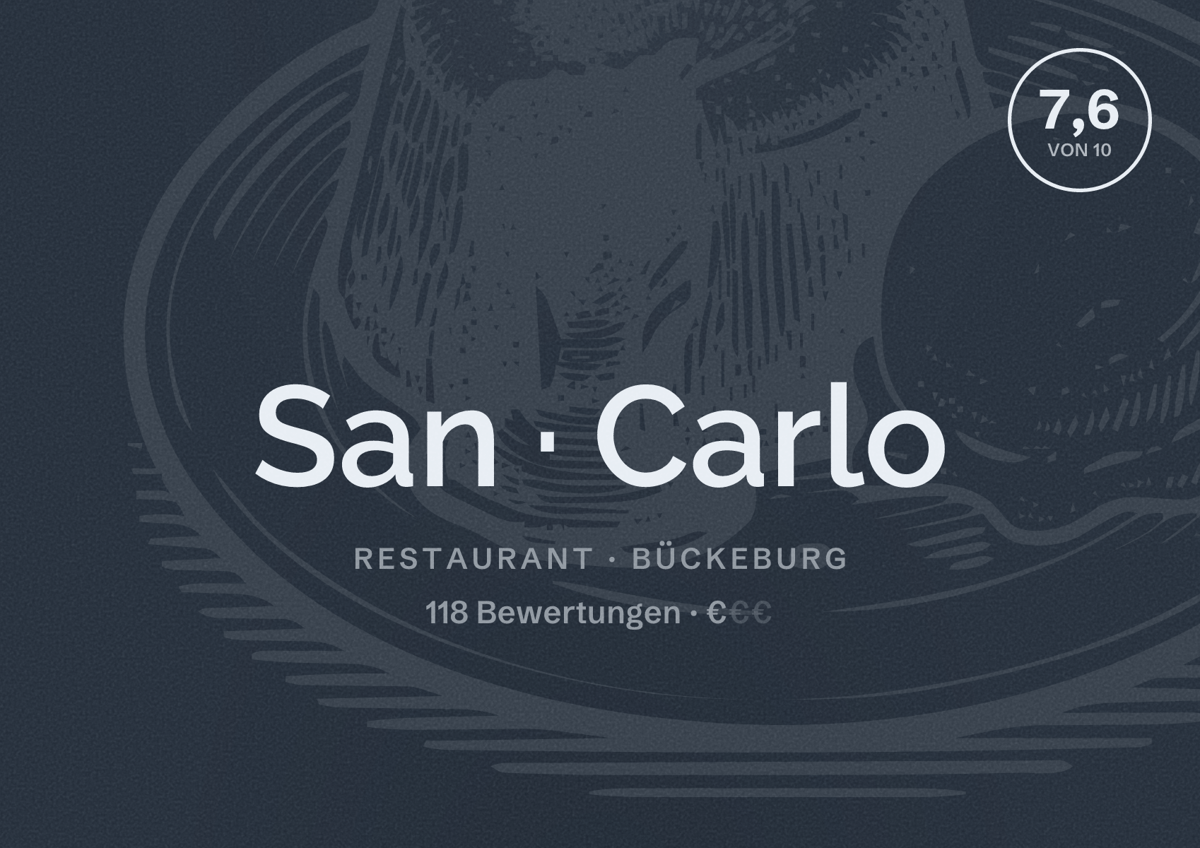 Illustriertes Poster von San Carlo, Restaurant in Bückeburg: Bewertung 7,6 von 10 aus 118 Bewertungen, Preisniveau €