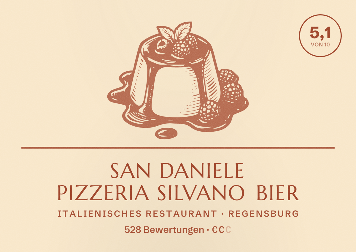 Illustriertes Poster von San Daniele Pizzeria Silvano Bier, Italienisches Restaurant in Regensburg: Bewertung 5,1 von 10 aus 528 Bewertungen, Preisniveau €€