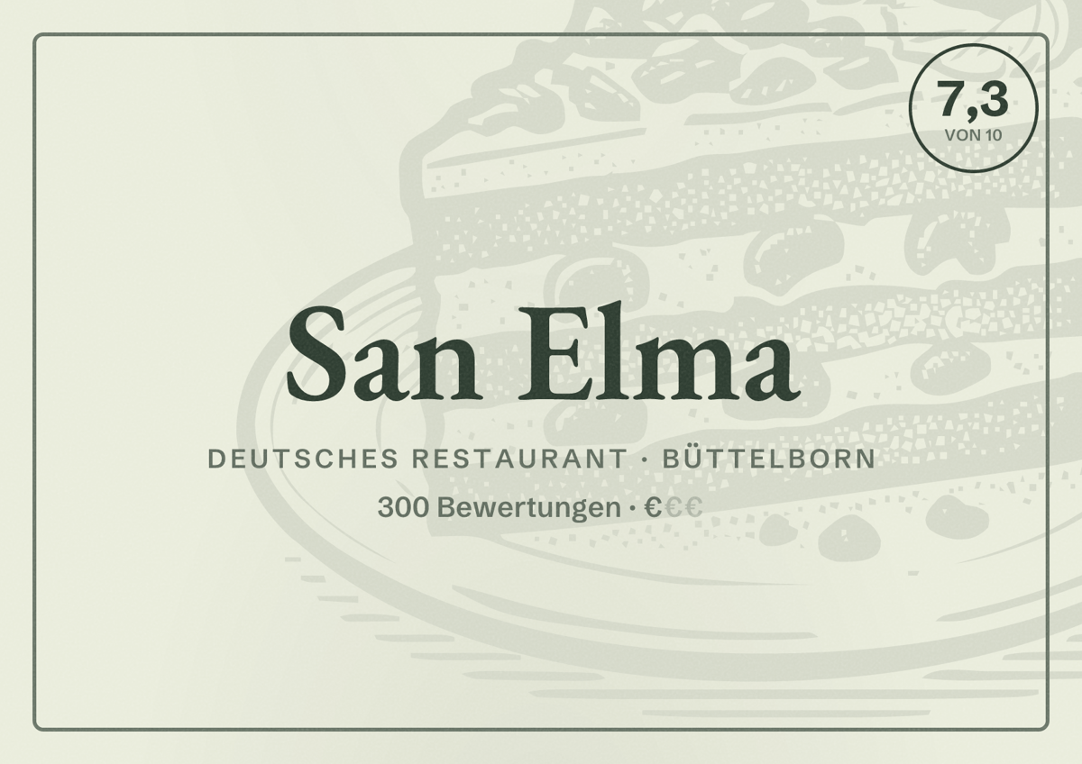 Illustriertes Poster von San Elma, Deutsches Restaurant in Büttelborn: Bewertung 7,3 von 10 aus 300 Bewertungen, Preisniveau €