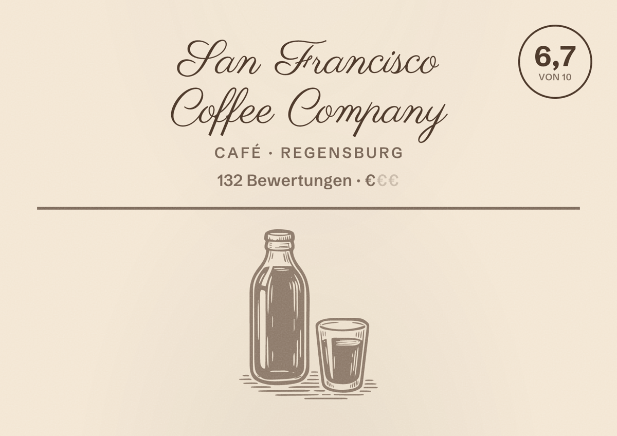Illustriertes Poster von San Francisco Coffee Company, Café in Regensburg: Bewertung 6,7 von 10 aus 132 Bewertungen, Preisniveau €