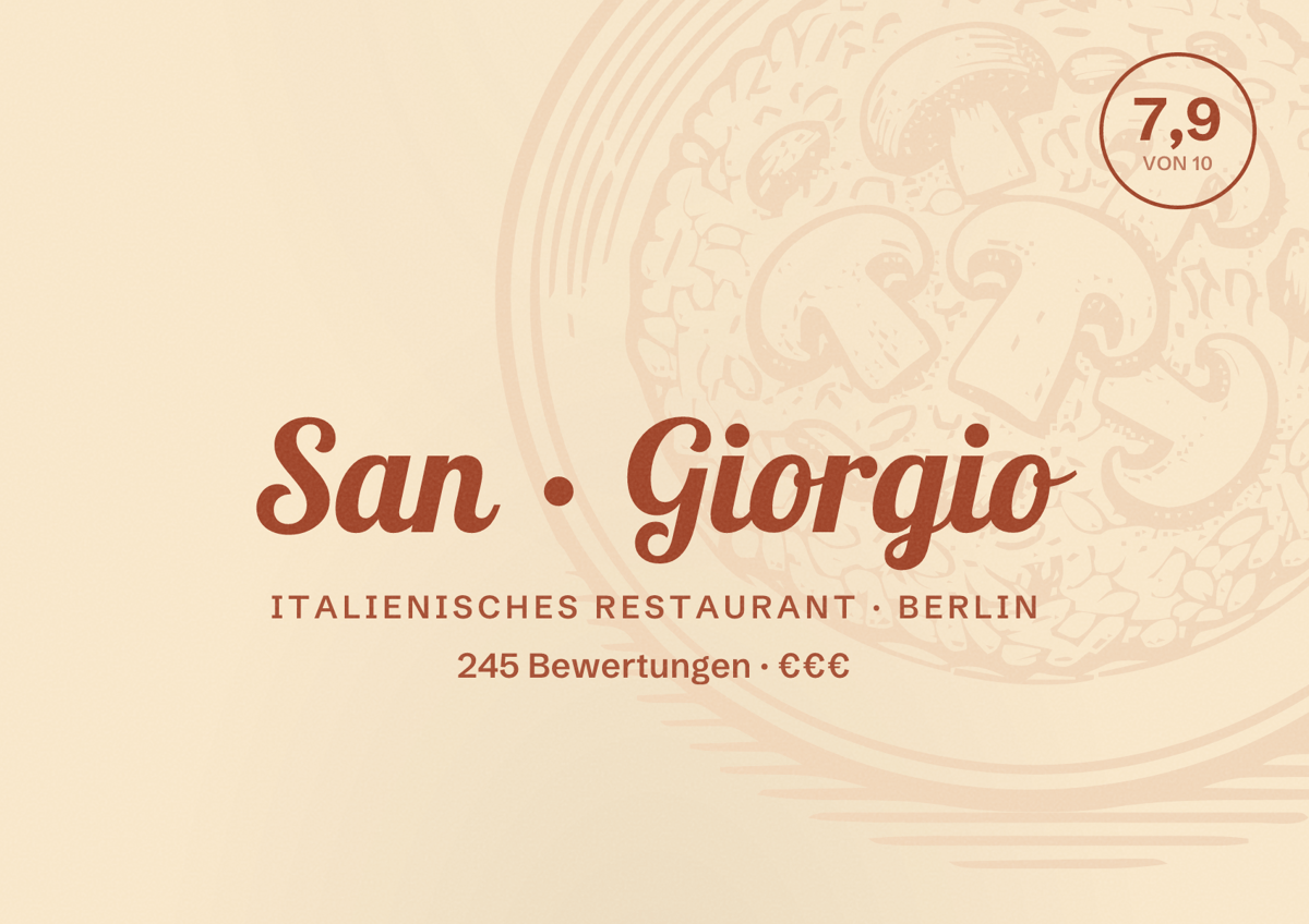 Illustriertes Poster von San Giorgio, Italienisches Restaurant in Berlin: Bewertung 7,9 von 10 aus 245 Bewertungen, Preisniveau €€€