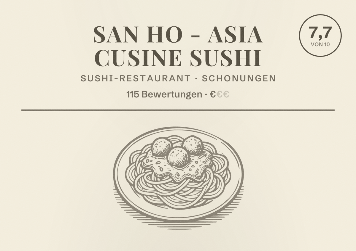 Illustriertes Poster von San Ho - ASIA CUSINE SUSHI, Sushi-Restaurant in Schonungen: Bewertung 7,7 von 10 aus 115 Bewertungen, Preisniveau €
