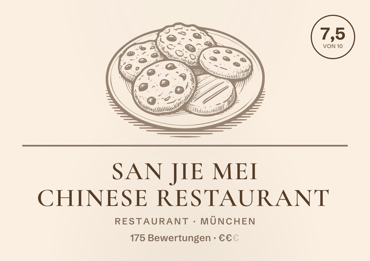 Illustriertes Poster von San Jie Mei Chinese Restaurant, Restaurant in München: Bewertung 7,5 von 10 aus 175 Bewertungen, Preisniveau €€