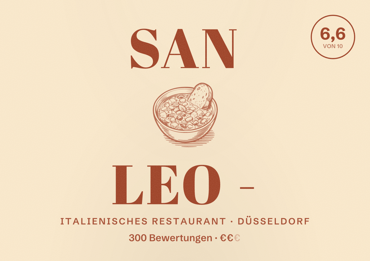 Illustriertes Poster von San Leo -, Italienisches Restaurant in Düsseldorf: Bewertung 6,6 von 10 aus 300 Bewertungen, Preisniveau €€