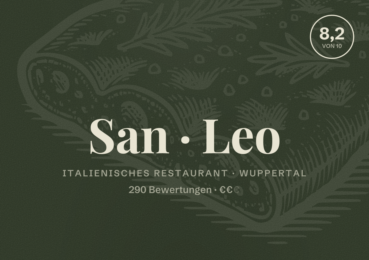 Illustriertes Poster von San Leo, Italienisches Restaurant in Wuppertal: Bewertung 8,2 von 10 aus 290 Bewertungen, Preisniveau €€