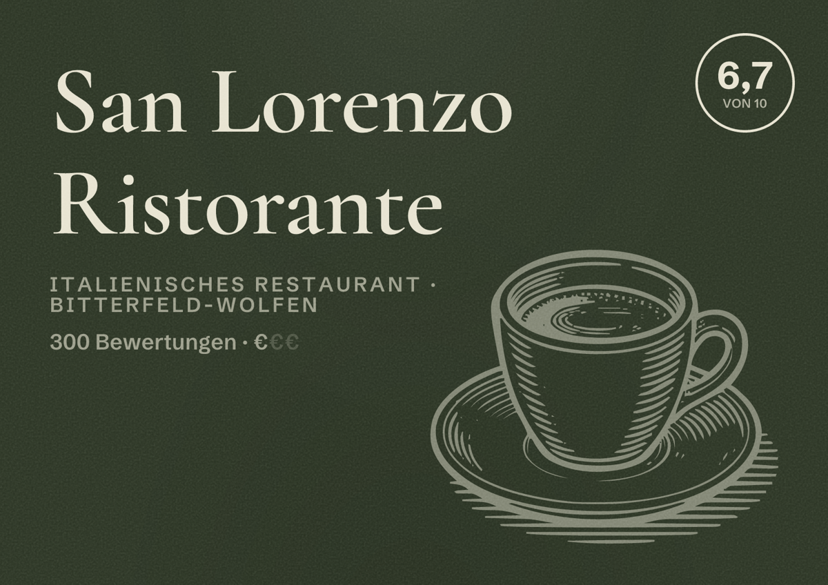 Illustriertes Poster von San Lorenzo Ristorante, Italienisches Restaurant in Bitterfeld-Wolfen: Bewertung 6,7 von 10 aus 300 Bewertungen, Preisniveau €