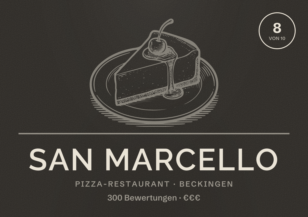 Illustriertes Poster von San Marcello, Pizza-Restaurant in Beckingen: Bewertung 8 von 10 aus 300 Bewertungen, Preisniveau €€€
