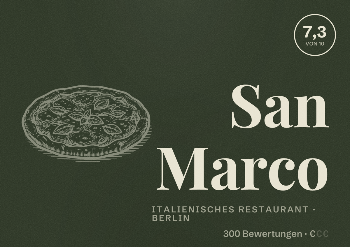Illustriertes Poster von San Marco, Italienisches Restaurant in Berlin: Bewertung 7,3 von 10 aus 300 Bewertungen, Preisniveau €