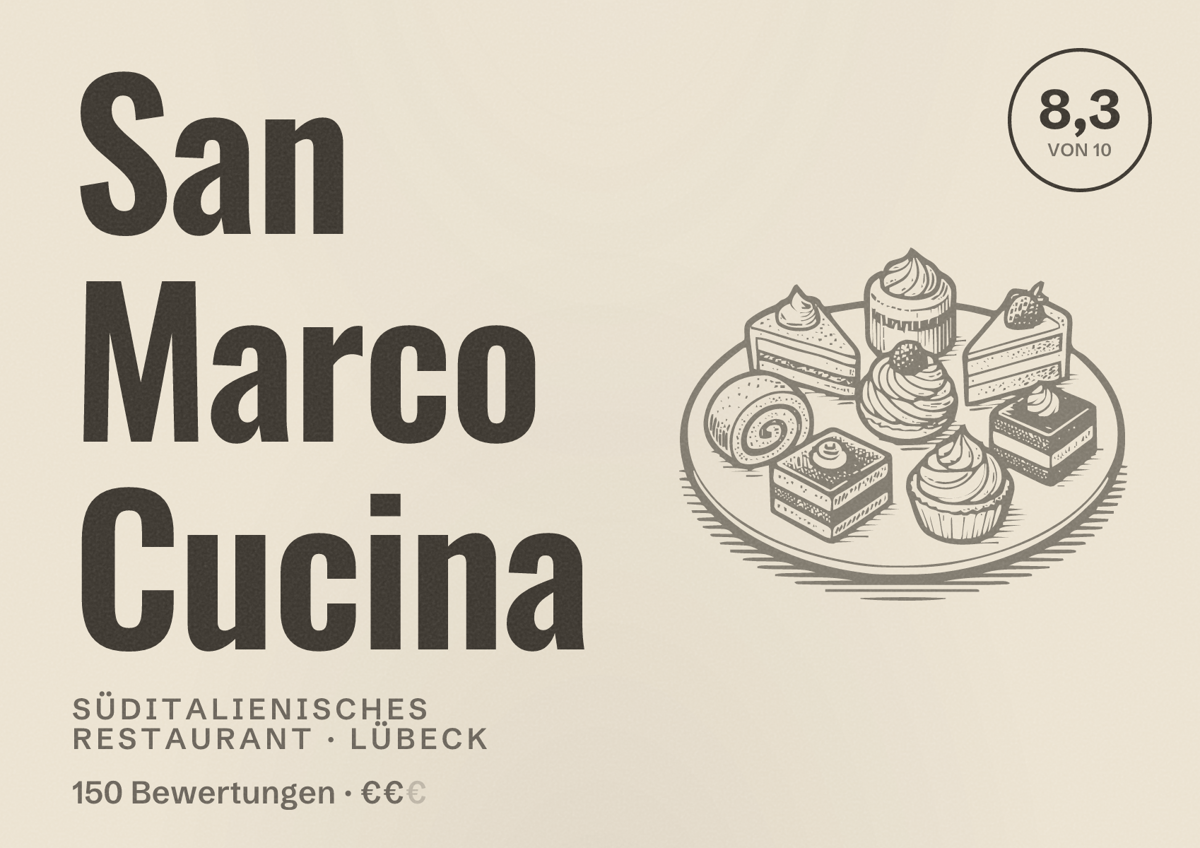 Illustriertes Poster von San Marco Cucina, Süditalienisches Restaurant in Lübeck: Bewertung 8,3 von 10 aus 150 Bewertungen, Preisniveau €€