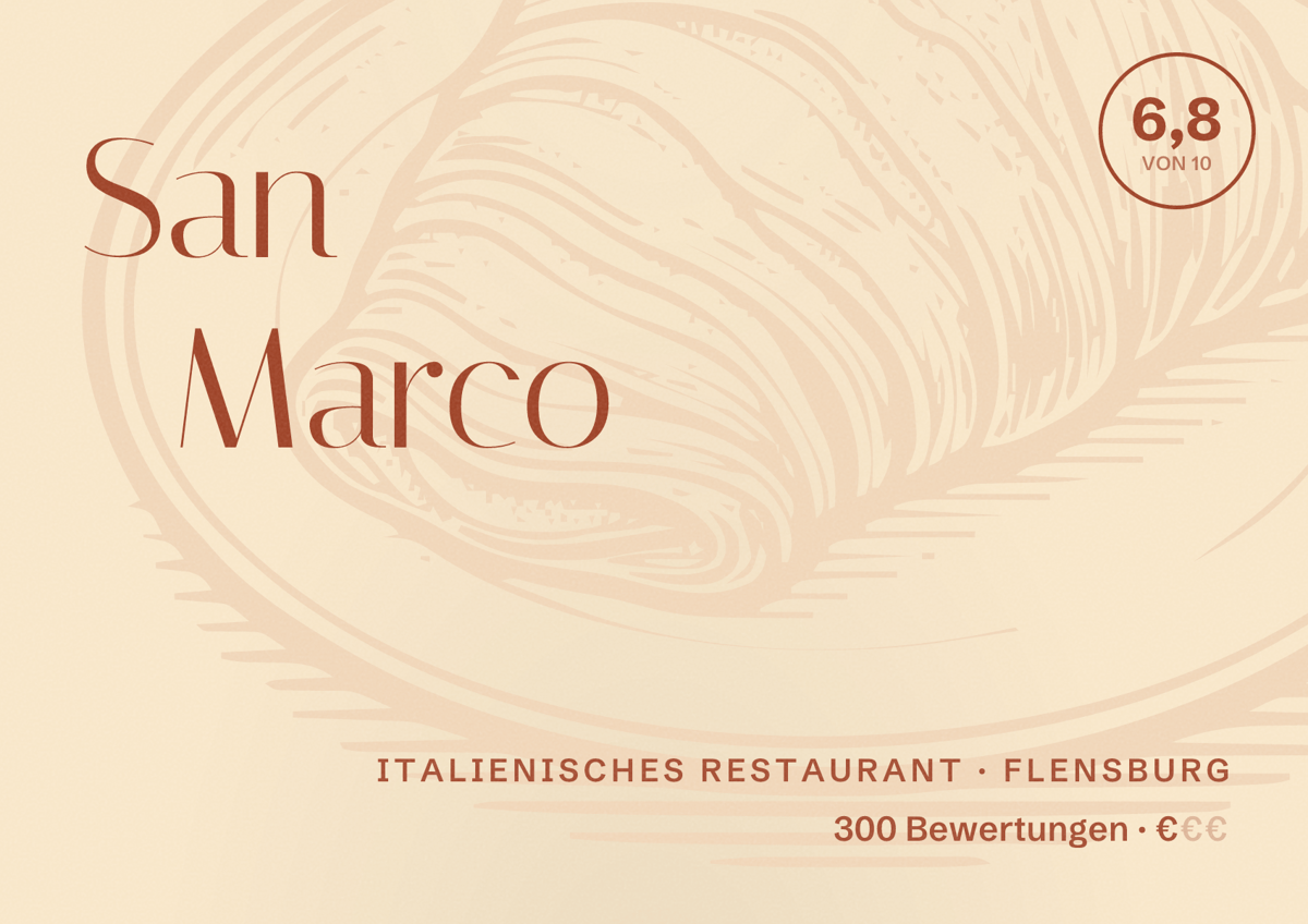 Illustriertes Poster von San Marco, Italienisches Restaurant in Flensburg: Bewertung 6,8 von 10 aus 300 Bewertungen, Preisniveau €