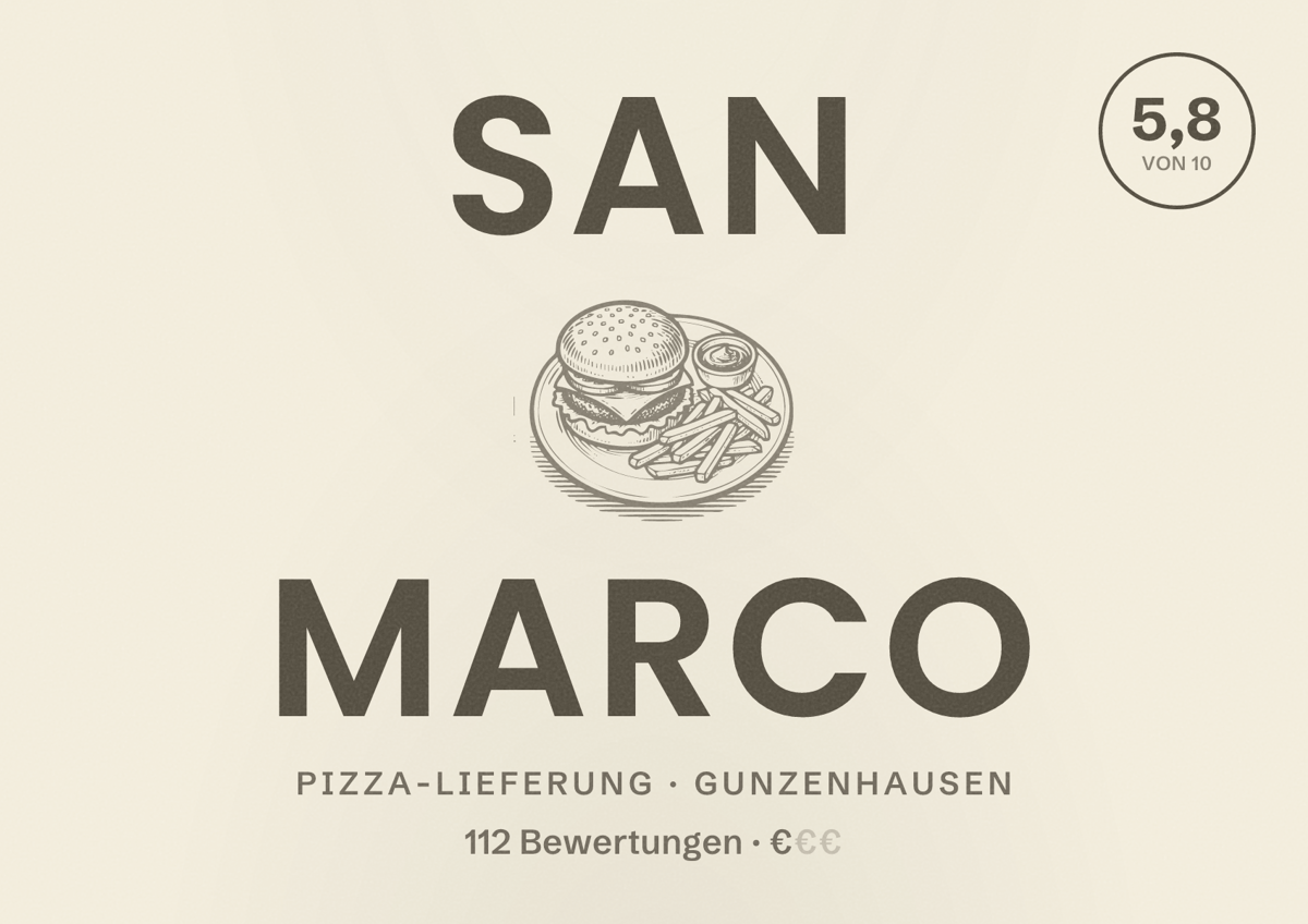 Illustriertes Poster von San Marco, Pizza-Lieferung in Gunzenhausen: Bewertung 5,8 von 10 aus 112 Bewertungen, Preisniveau €