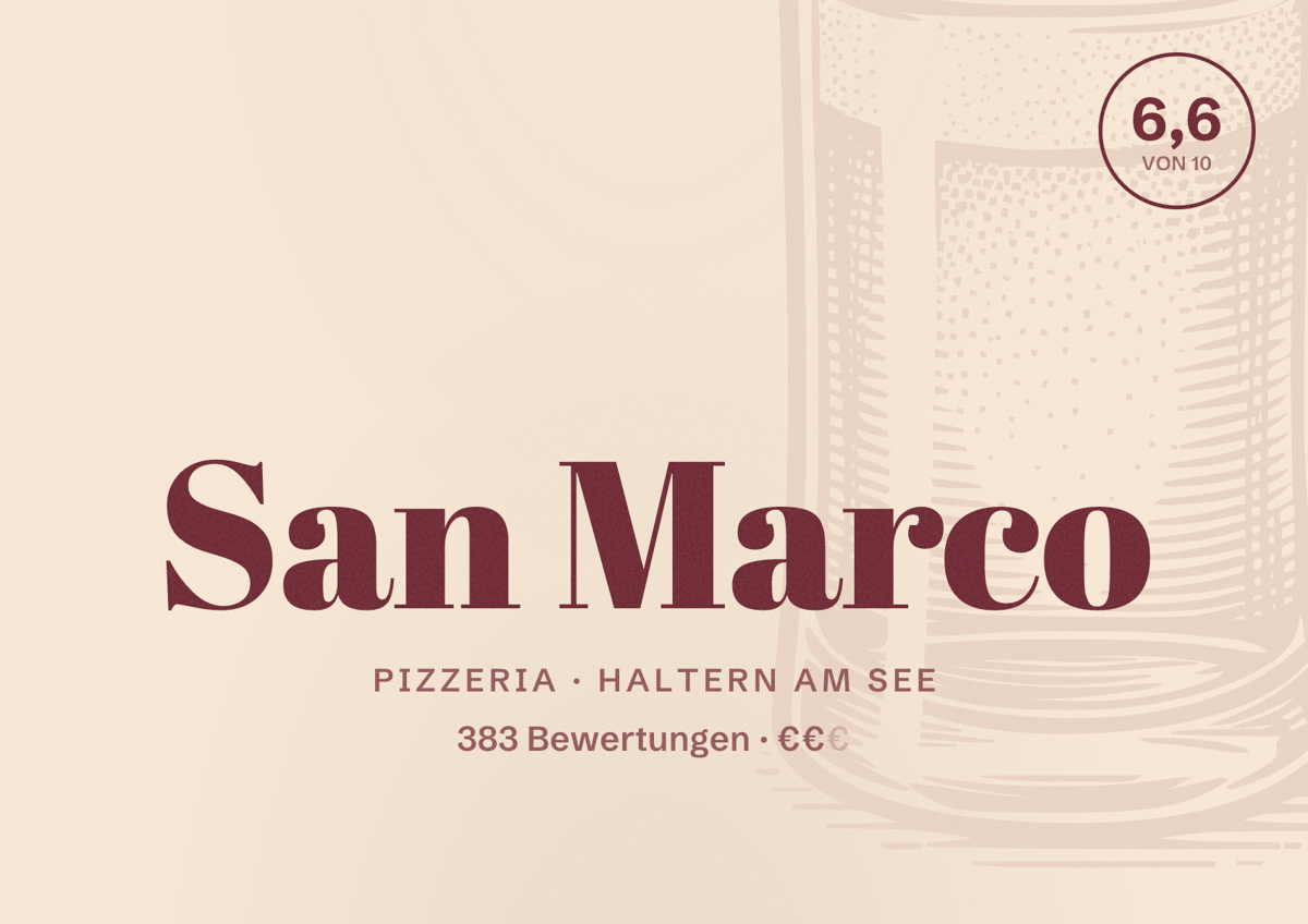 Illustriertes Poster von San Marco, Pizzeria in Haltern am See: Bewertung 6,6 von 10 aus 383 Bewertungen, Preisniveau €€