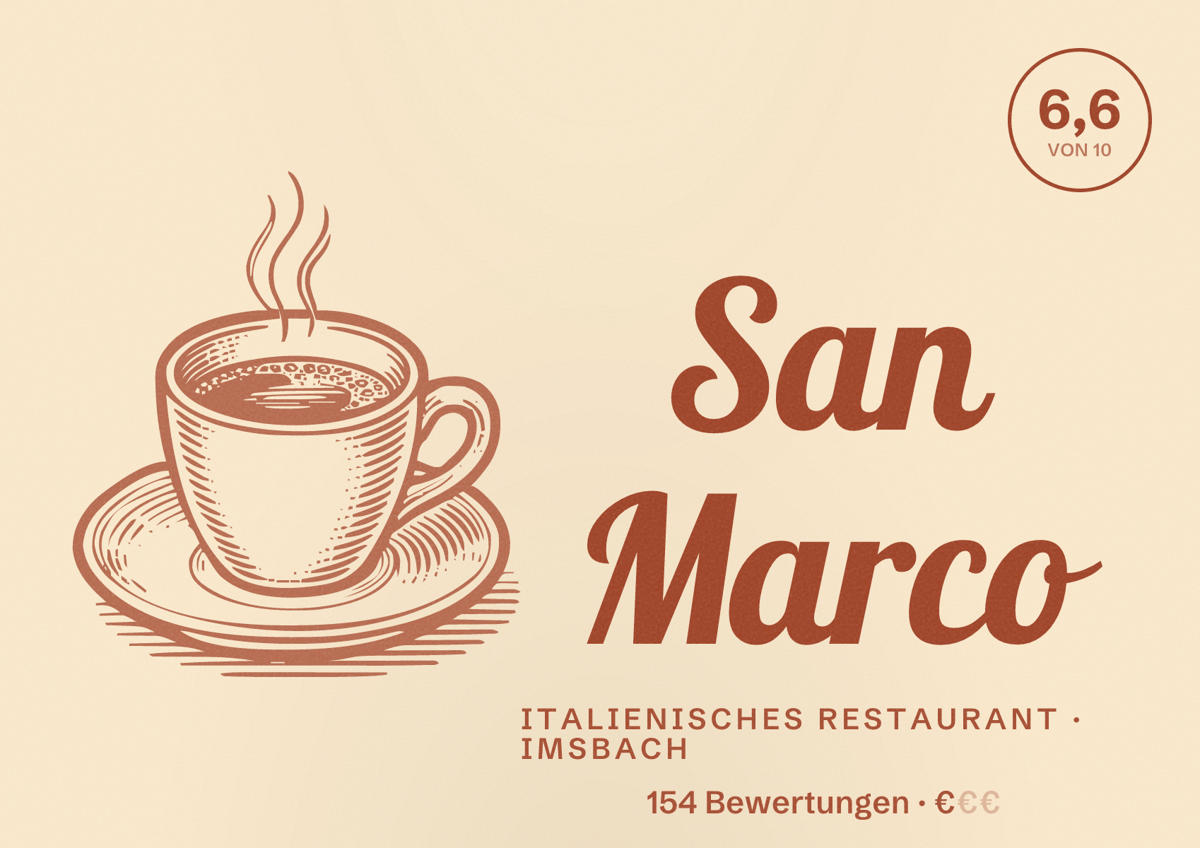 Illustriertes Poster von San Marco, Italienisches Restaurant in Imsbach: Bewertung 6,6 von 10 aus 154 Bewertungen, Preisniveau €