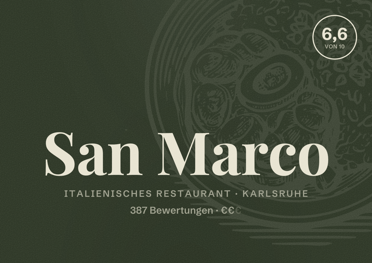 Illustriertes Poster von San Marco, Italienisches Restaurant in Karlsruhe: Bewertung 6,6 von 10 aus 387 Bewertungen, Preisniveau €€