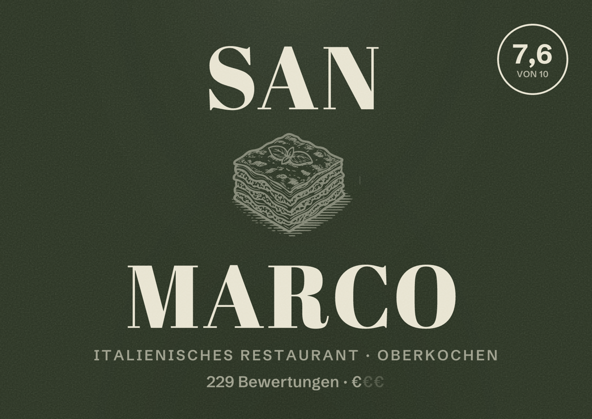 Illustriertes Poster von San Marco, Italienisches Restaurant in Oberkochen: Bewertung 7,6 von 10 aus 229 Bewertungen, Preisniveau €