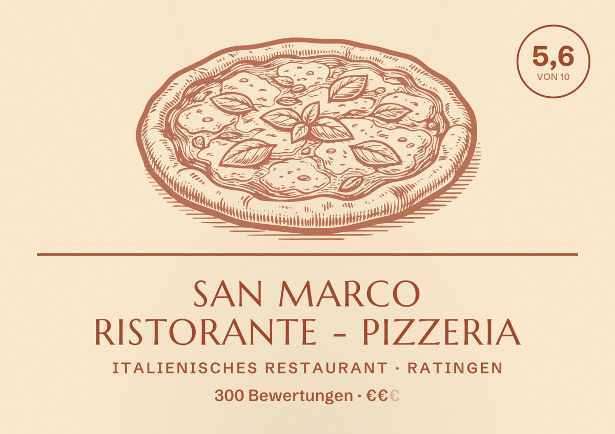 Illustriertes Poster von SAN MARCO Ristorante - Pizzeria, Italienisches Restaurant in Ratingen: Bewertung 5,6 von 10 aus 300 Bewertungen, Preisniveau €€