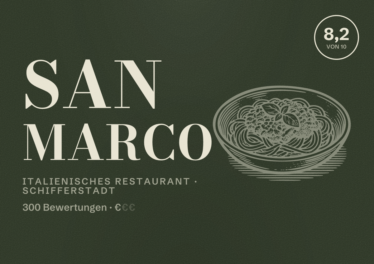 Illustriertes Poster von San Marco, Italienisches Restaurant in Schifferstadt: Bewertung 8,2 von 10 aus 300 Bewertungen, Preisniveau €