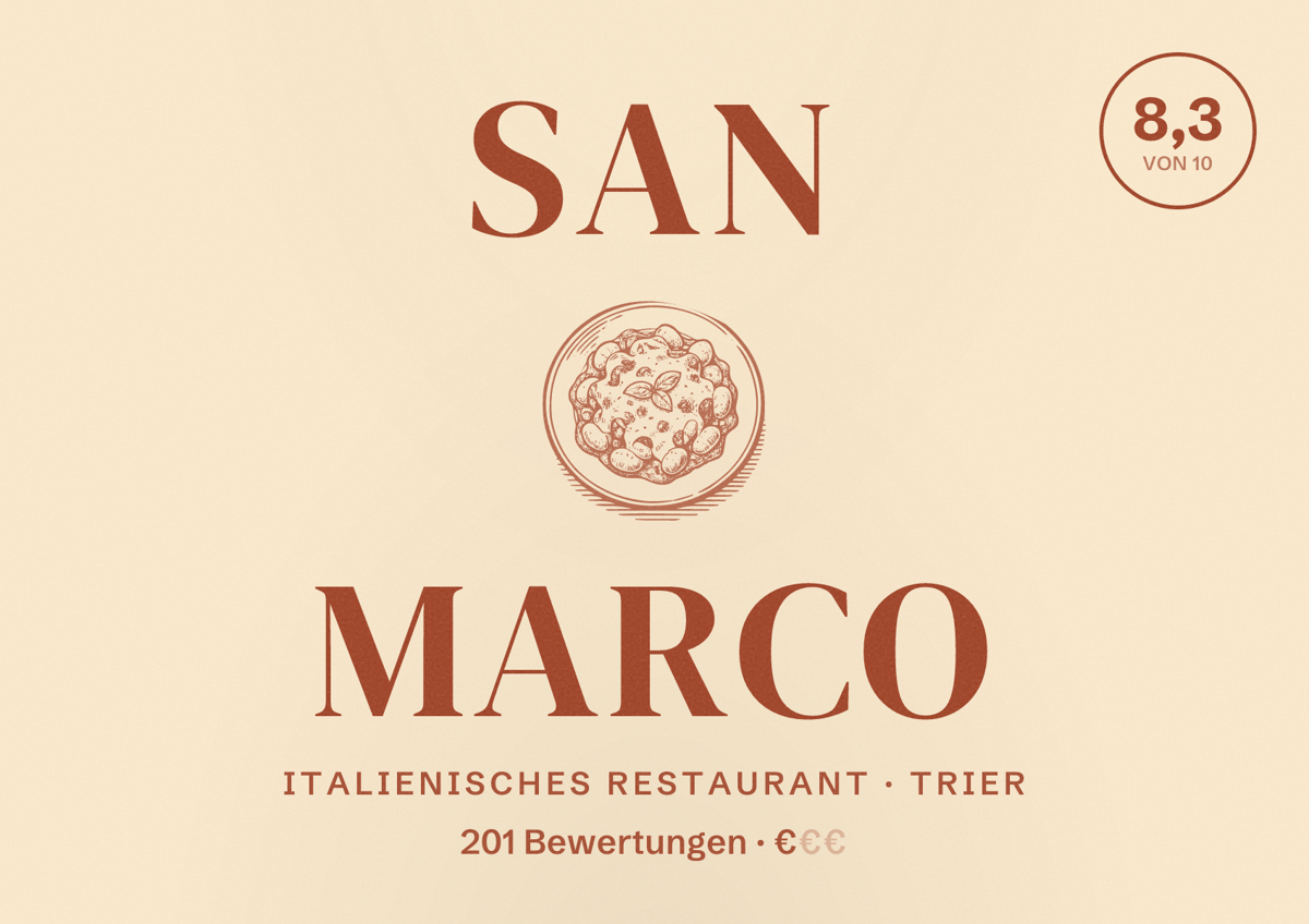 Illustriertes Poster von San Marco, Italienisches Restaurant in Trier: Bewertung 8,3 von 10 aus 201 Bewertungen, Preisniveau €