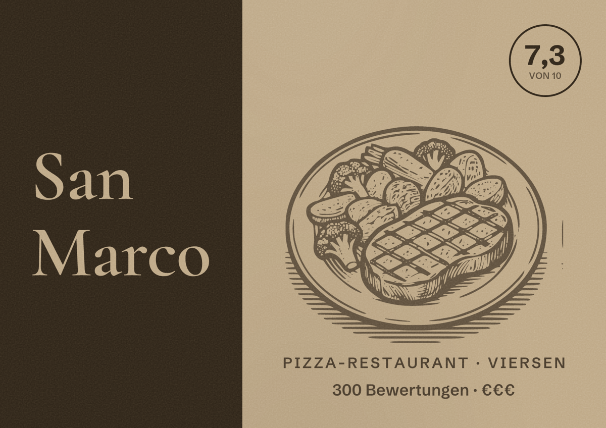 Illustriertes Poster von San Marco, Pizza-Restaurant in Viersen: Bewertung 7,3 von 10 aus 300 Bewertungen, Preisniveau €€€