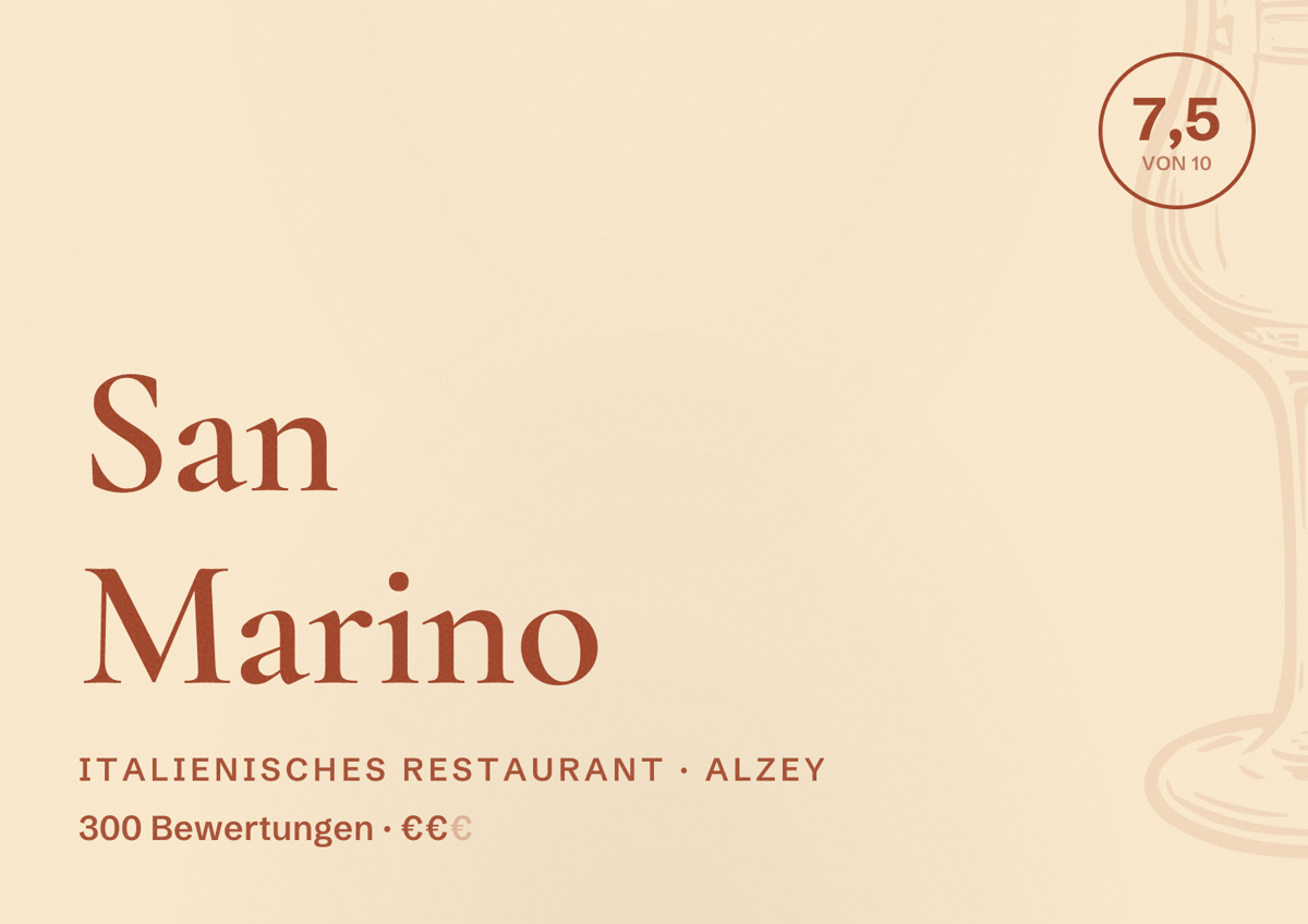 Illustriertes Poster von San Marino, Italienisches Restaurant in Alzey: Bewertung 7,5 von 10 aus 300 Bewertungen, Preisniveau €€