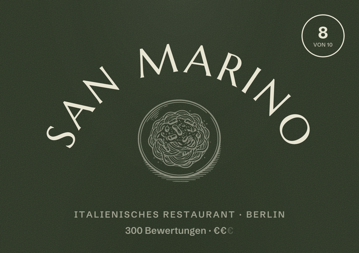 Illustriertes Poster von San Marino, Italienisches Restaurant in Berlin: Bewertung 8,0 von 10 aus 300 Bewertungen, Preisniveau €€