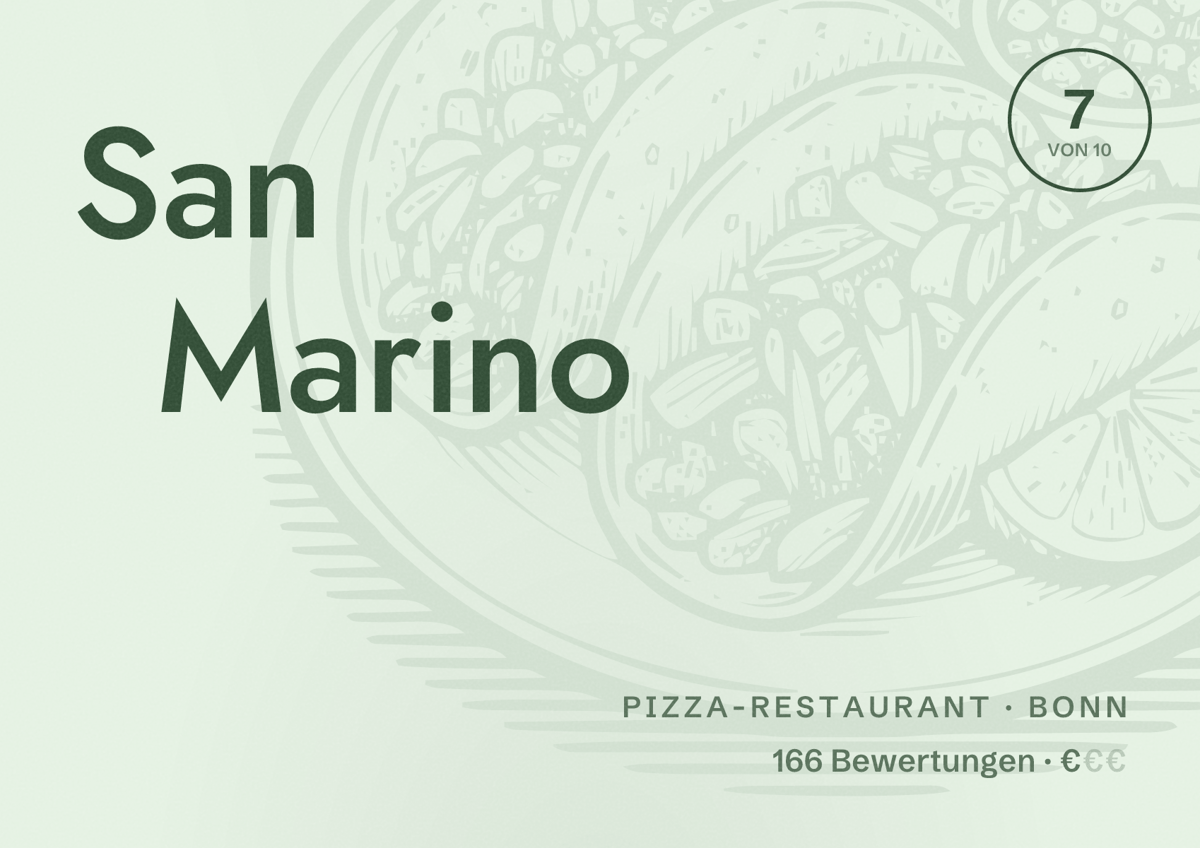 Illustriertes Poster von San Marino, Pizza-Restaurant in Bonn: Bewertung 7 von 10 aus 166 Bewertungen, Preisniveau €