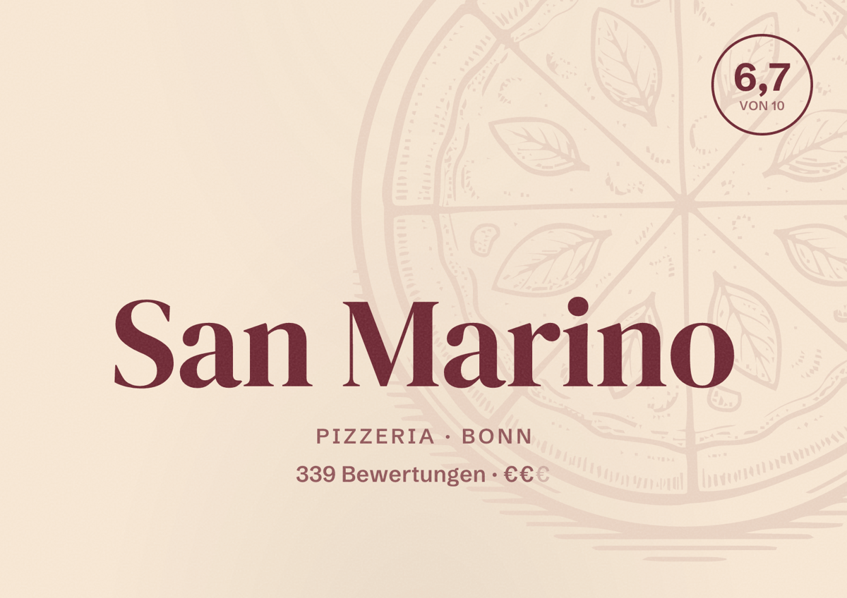 Illustriertes Poster von San Marino, Pizzeria in Bonn: Bewertung 6,7 von 10 aus 339 Bewertungen, Preisniveau €€