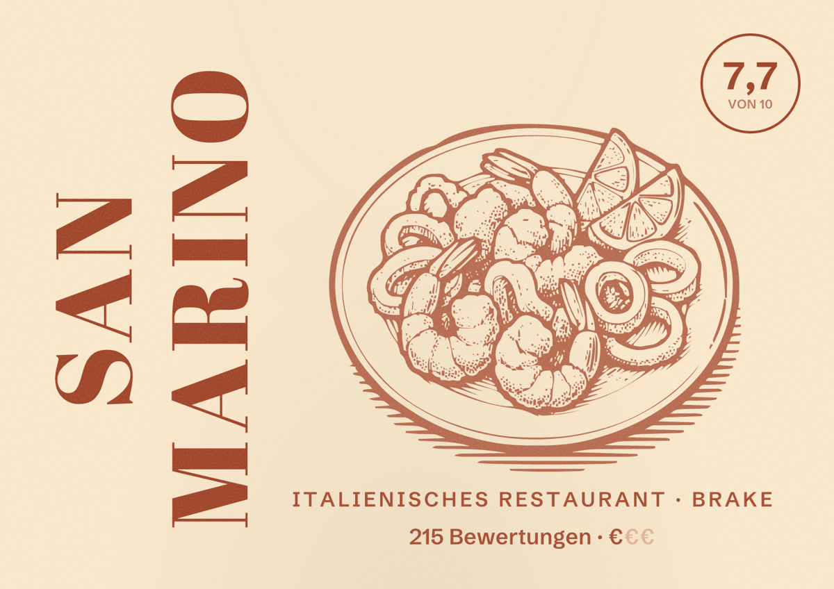 Illustriertes Poster von San Marino, Italienisches Restaurant in Brake: Bewertung 7,7 von 10 aus 215 Bewertungen, Preisniveau €