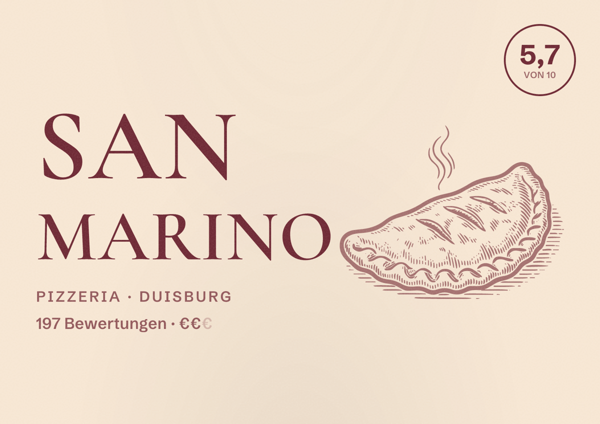Illustriertes Poster von San Marino, Pizzeria in Duisburg: Bewertung 5,7 von 10 aus 197 Bewertungen, Preisniveau €€