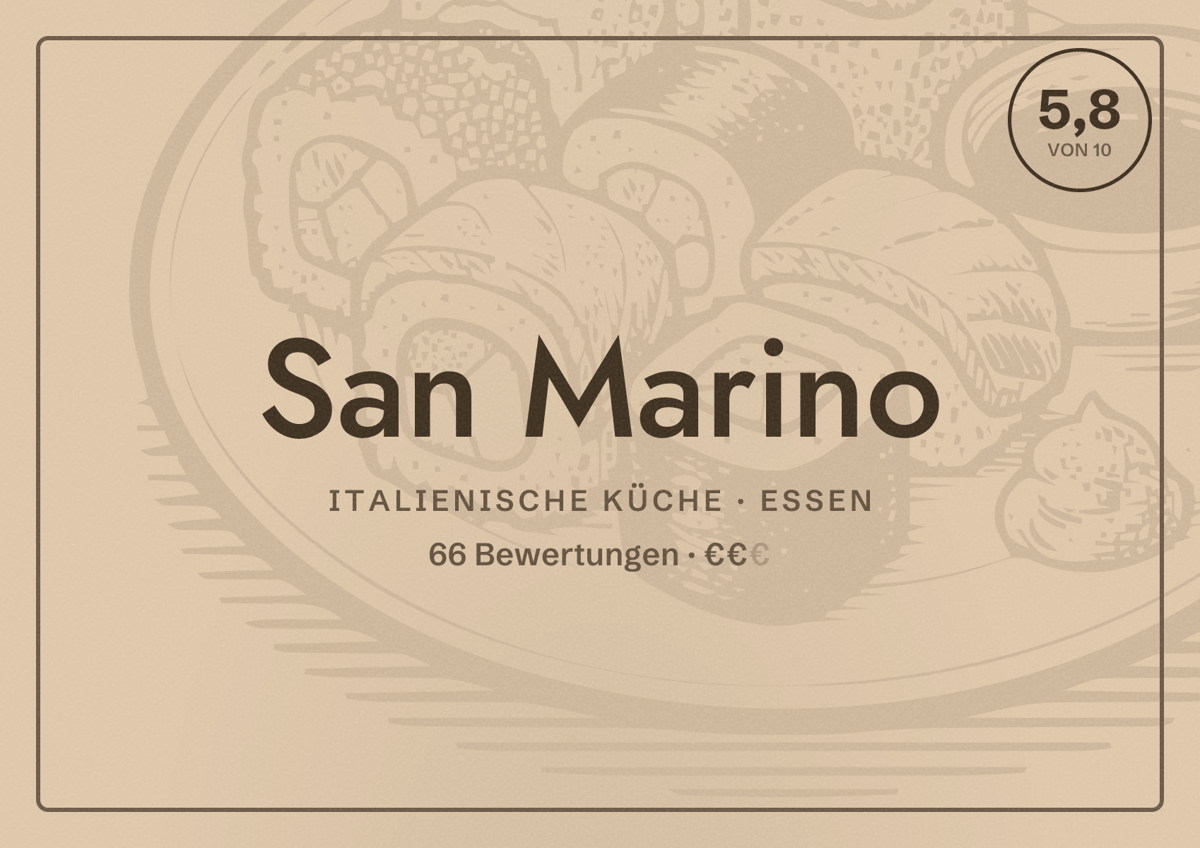Illustriertes Poster von San Marino, Italienische Küche in Essen: Bewertung 5,8 von 10 aus 66 Bewertungen, Preisniveau €€