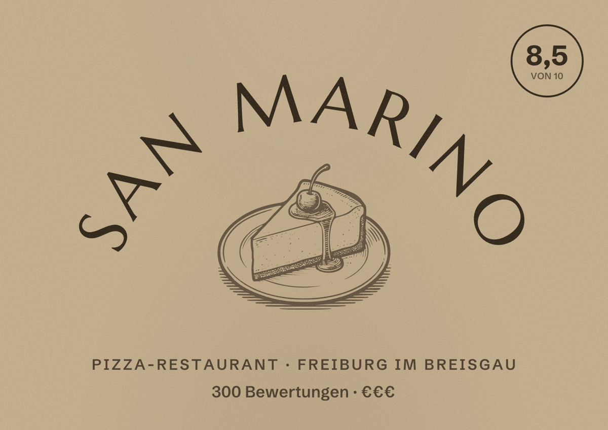 Illustriertes Poster von San Marino, Pizza-Restaurant in Freiburg im Breisgau: Bewertung 8,5 von 10 aus 300 Bewertungen, Preisniveau €€€