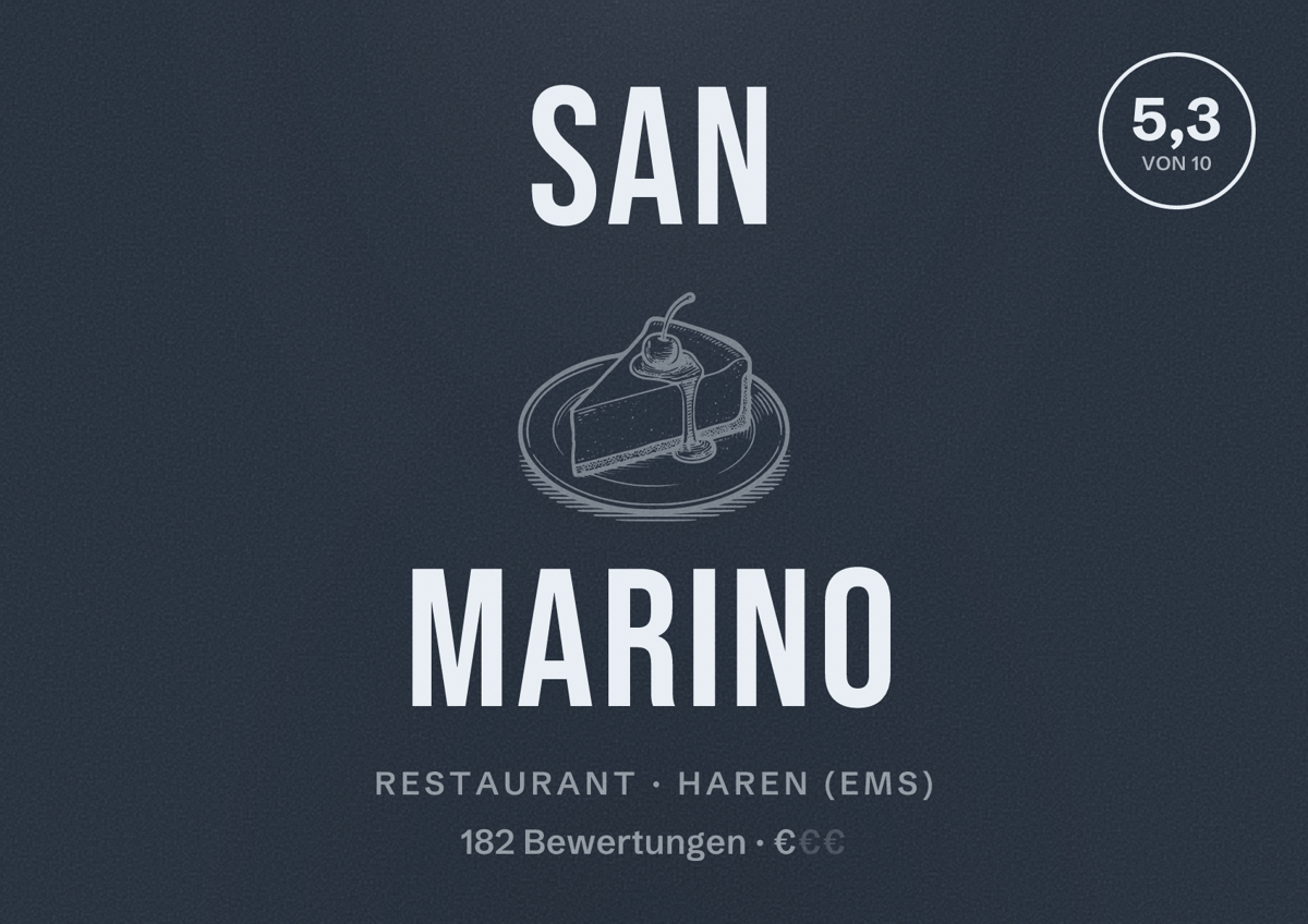 Illustriertes Poster von San Marino, Restaurant in Haren (Ems): Bewertung 5,3 von 10 aus 182 Bewertungen, Preisniveau €